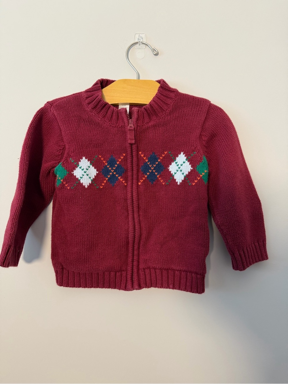 GAP Baby 18-24 Months Burgundy Zip-Up Argyle Sweater Fall Ivy Inspired